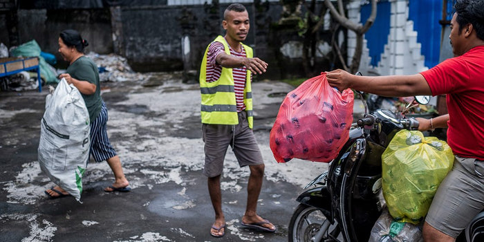 group of people cleaning up plastic from the streets