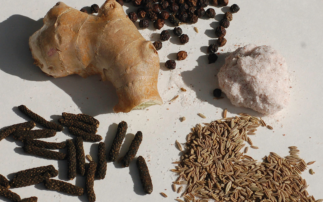 hingvastak spices including ajamoda, cumin, and ginger