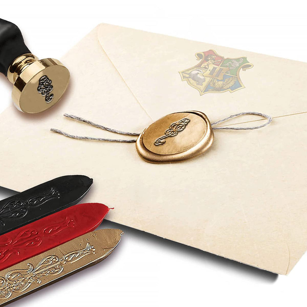 Harry Potter Deathly Hallows Seal Stamp Kit with Brown Wood Handle and Red Gold and Black Sealing Wax