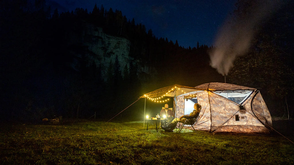 Hexagon tent at night outside