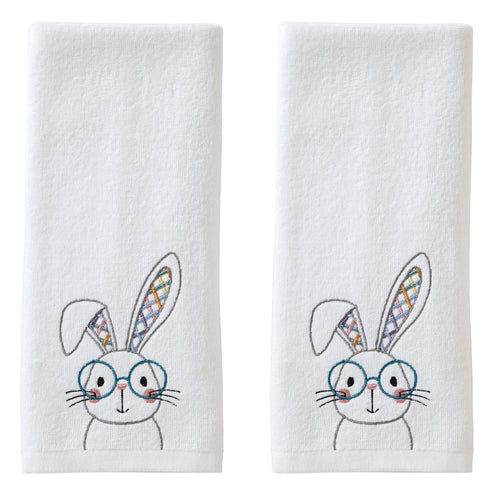 Bunny Bath Hand Towels, Set of 2, Blue White Buffalo Plaid Appliqued Rabbit