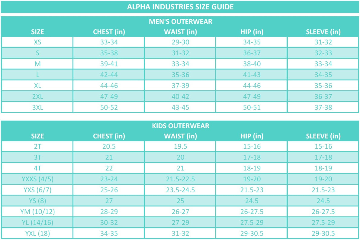 Alpha Industries Size Guide