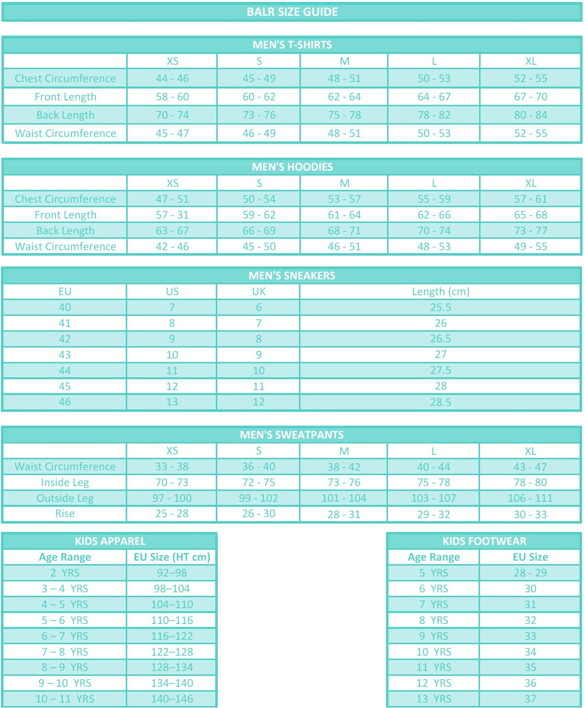 Balr Size Guide