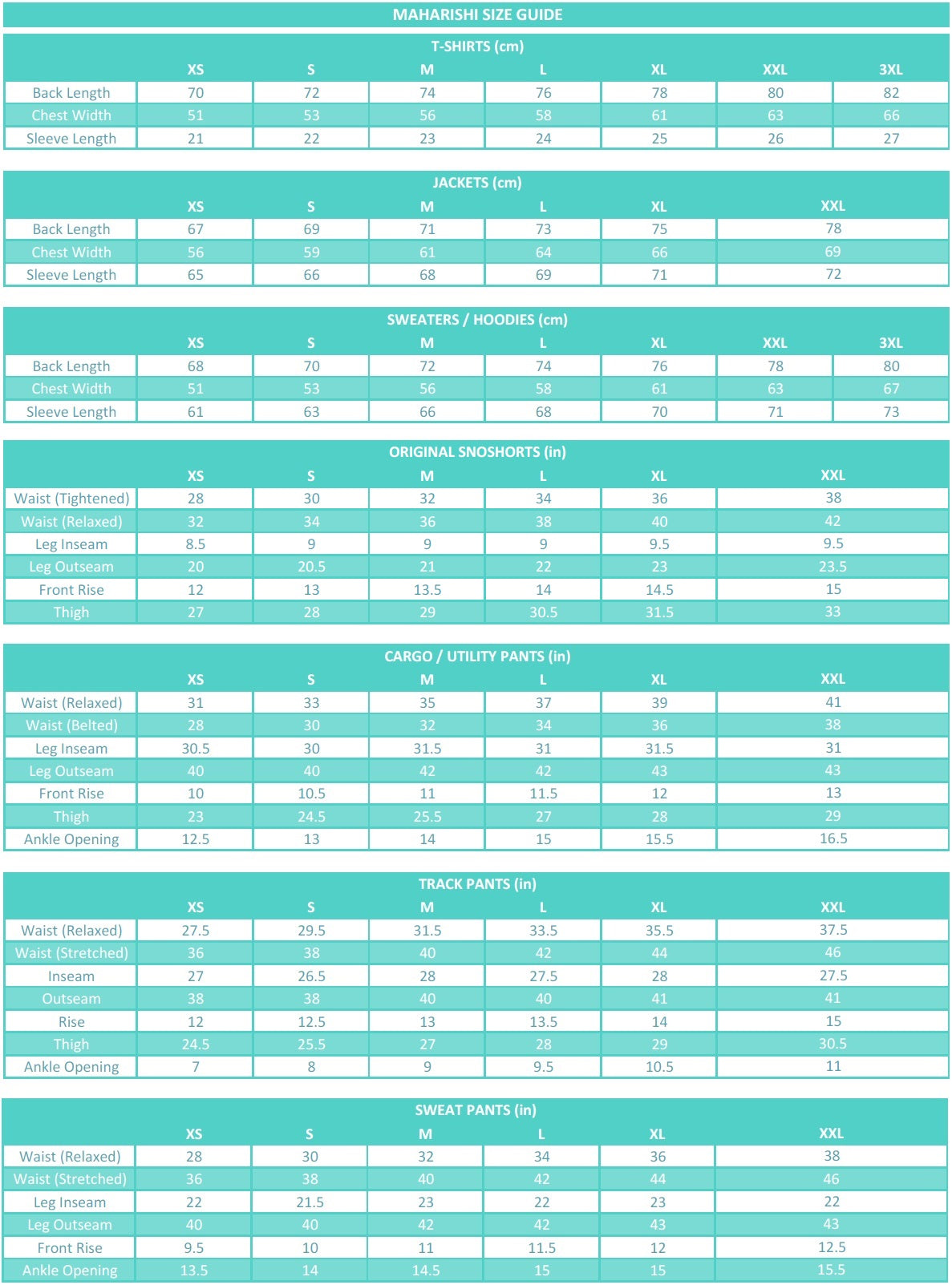 Maharishie Size Guide