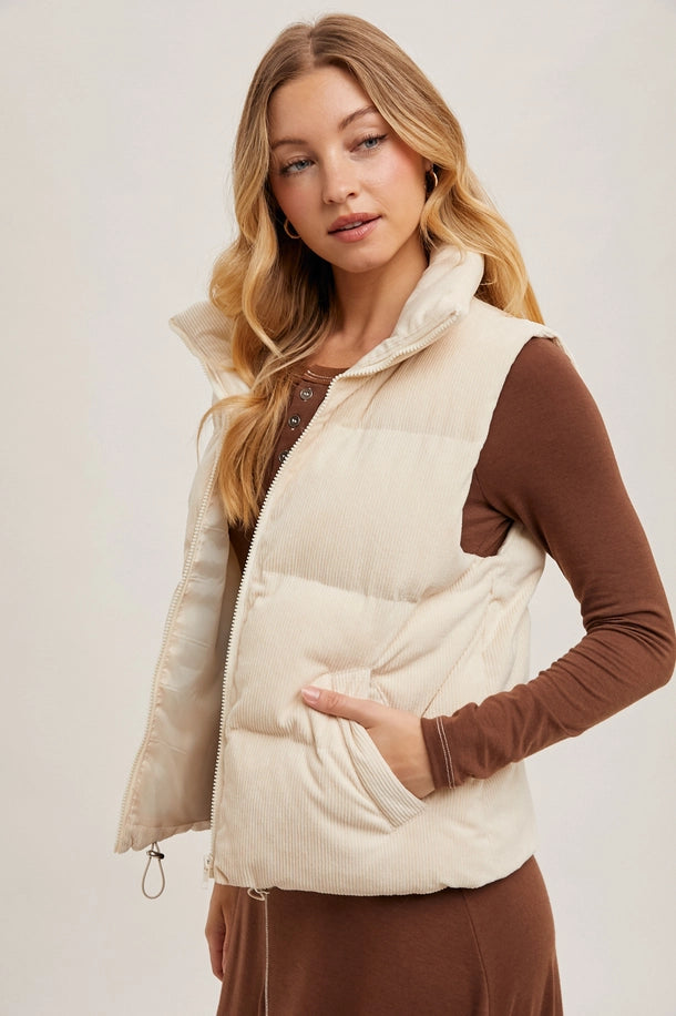 Corduroy Quilted Puffer Vest in Ecru