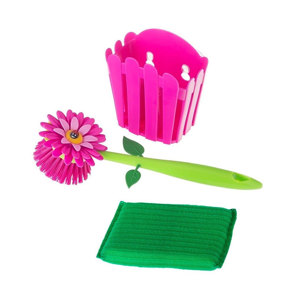 Vigar Flower Power Palm Dish Brush With Holder - White Magic