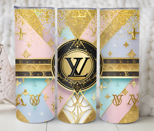 Pink & Gold Flowers PNG Fashion Template Tumbler Wrap Chanel