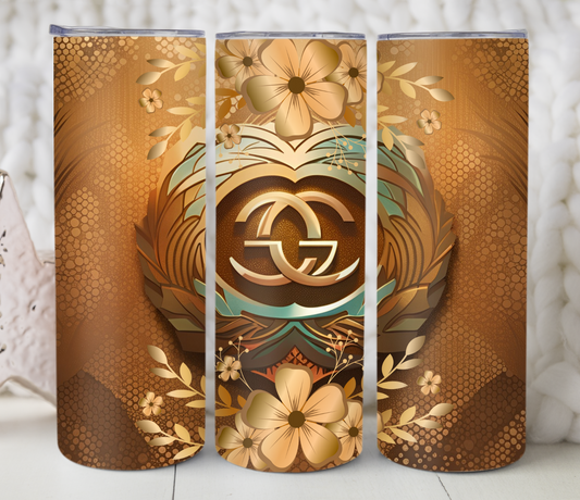 Pink & Gold Flowers PNG Fashion Template Tumbler Wrap Chanel