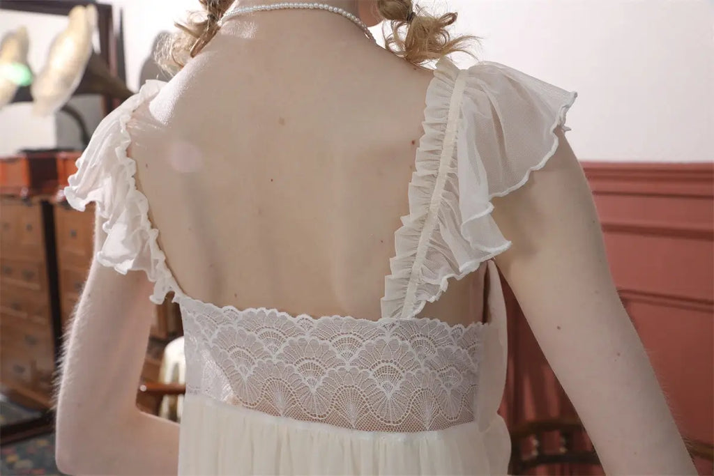 Light Yellow Vintage Romantic Ruffled Design See-Through Mesh Double Layer Lace Elegant Nightwear Nightdress