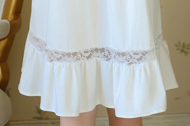 Slessic Vintage Romantic French Strap Ruffled Edge See-Through Lace Short-Sleeved Nightwear Nightgown