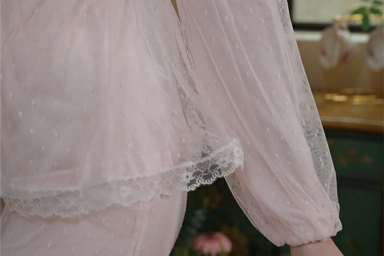 Slessic Vintage Romantic See-Through Mesh V-Neck Lace Splicing Loose Puff Sleeve Loungewear Pajama Set
