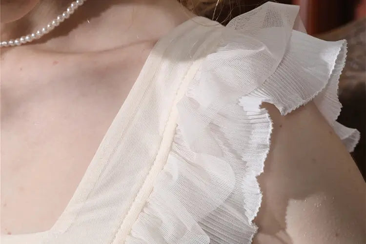 Light Yellow Vintage Romantic Ruffled Edge Small Bow Elegant Mesh Nightwear Nightdress