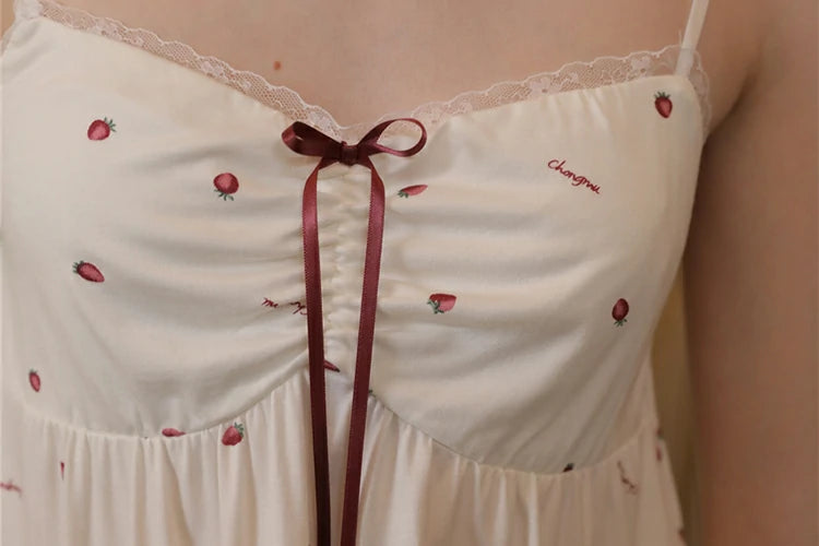 Slessic Romantic Cute Vintage Strawberry Polka Dot Printed Lace Modal Camisole Loungewear Pajama Three-Piece Set