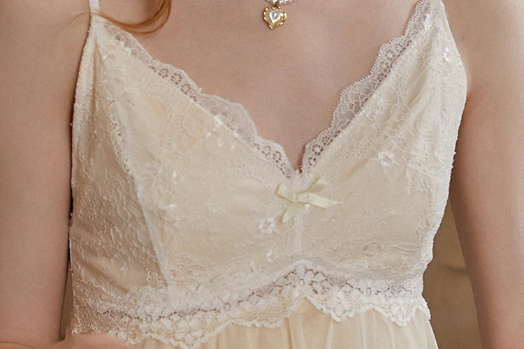 Slessic Vintage Romantic Autumn And Winter Palace Style Lace Mesh Embroidered Modal Camisole Three-Piece Sleepwear Nightwear Loungewear Pajama Set