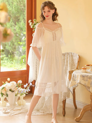 Slessic Vintage Mesh Transparent Lace Slip Short-Sleeved Nightdress - SlesSic