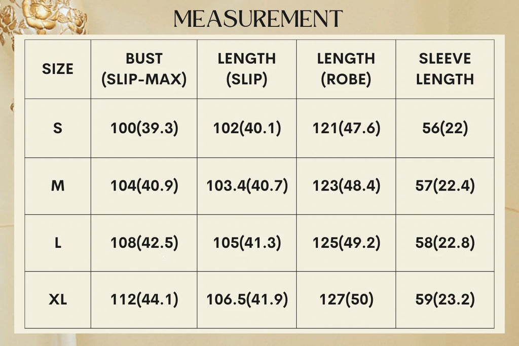 Prodcut Size Measurement data For Vintage or Classic Romantic Sleepwear Nightgowns Pajamas