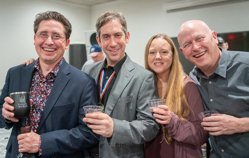 Michael Van Voorhis (Finley Audio), Mat Weisfeld (VPI), and two enthusiastic attendees at VPI’s Casino Night.