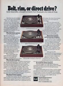 You'd think we would have settled this by now. United Audio/Dual turntable ad, 1974.