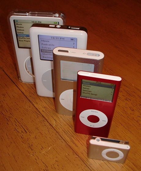 Older Apple iPod models. Courtesy of Wikimedia Commons/Chris Harrison.