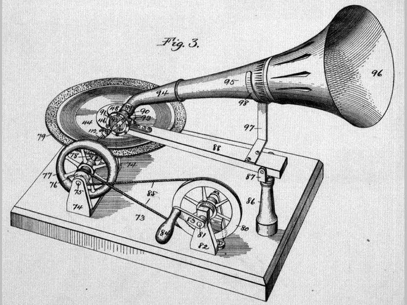 Drawing of the Emile Berliner hand-cranked lathe.