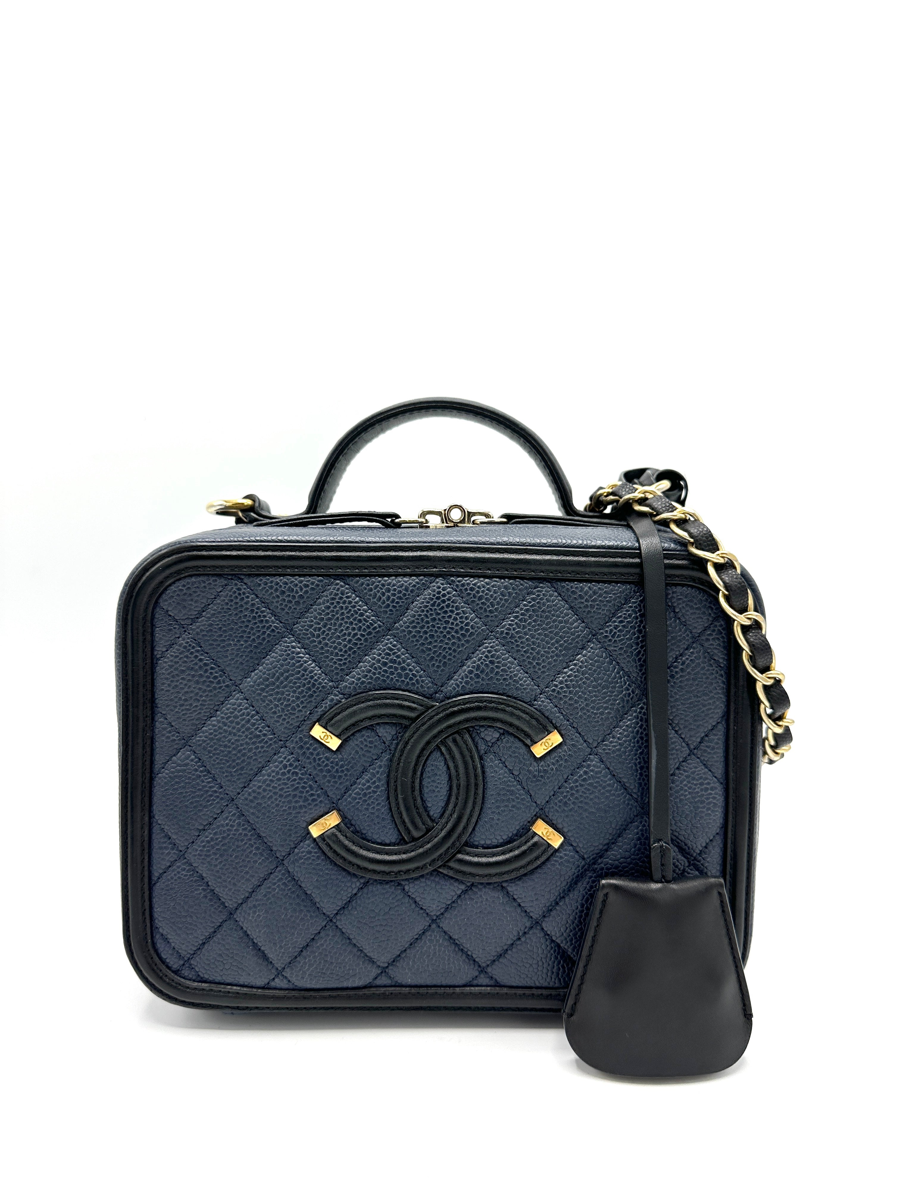 Chanel Black/Navy Caviar Filligree Top Handle Vanity On Chain