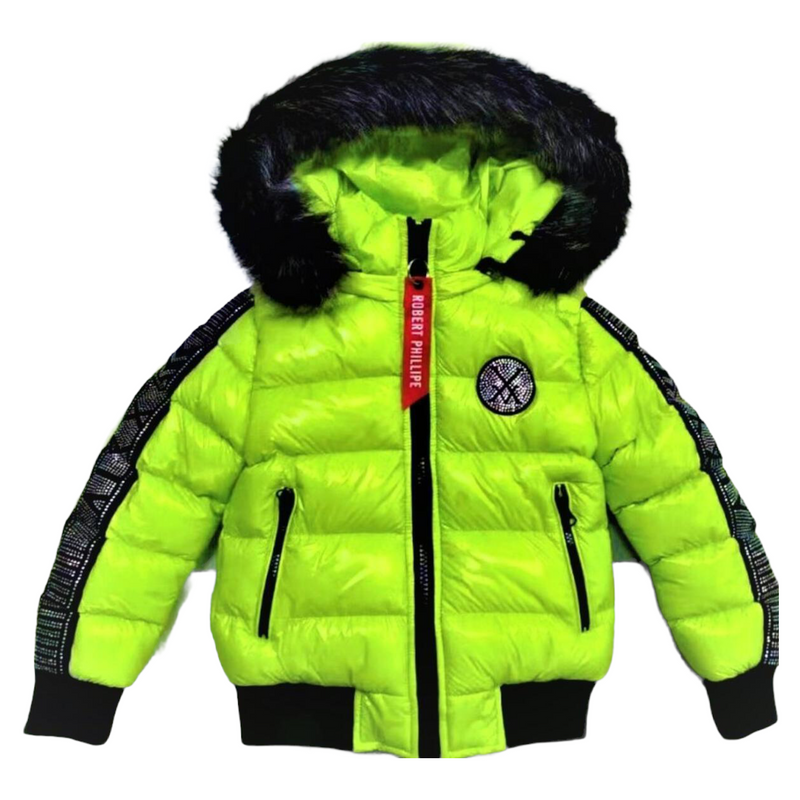 Robert Phillipe Puff Shiny Nylon Fur Hooded Bomber Jacket (Lime) MJN30