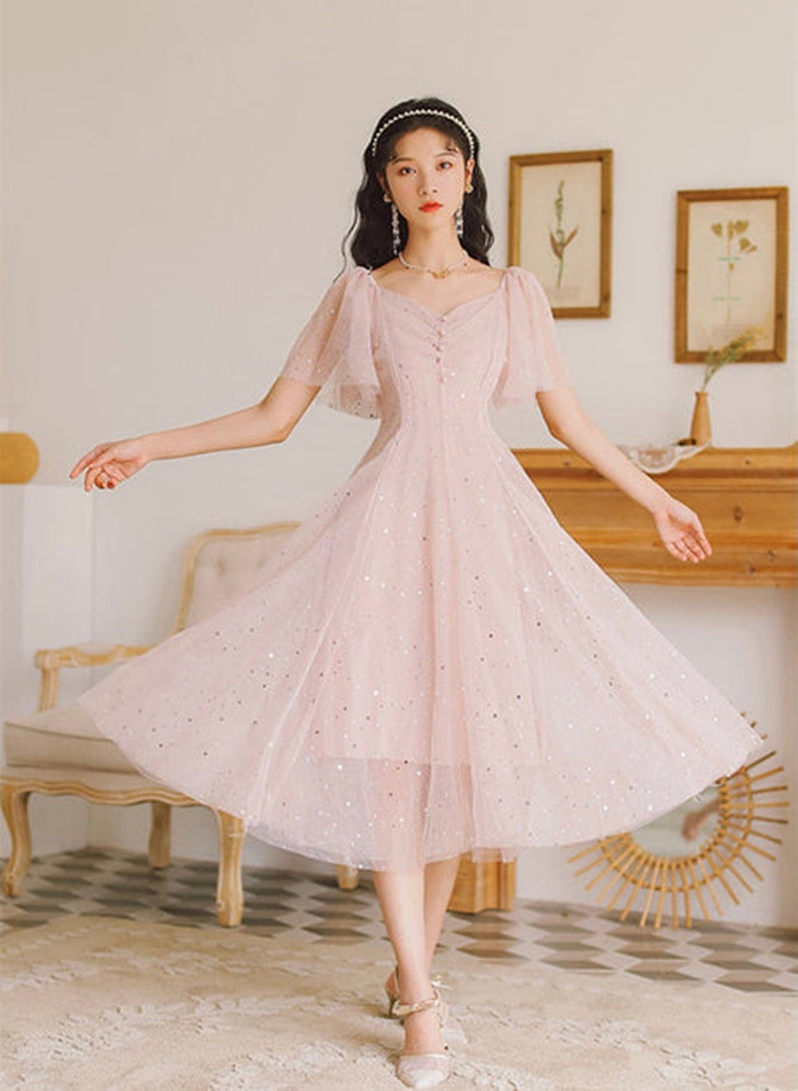 Pink Tulle V Neckline Tea Length Homecoming Dress Cute Pink Short Pro Formaldressy 