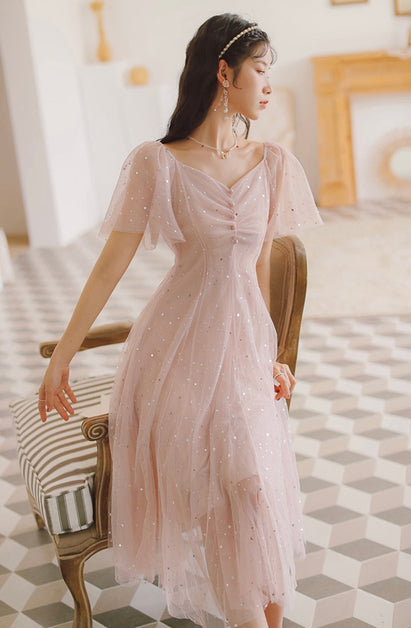 Pink Tulle V Neckline Tea Length Homecoming Dress Cute Pink Short Pro Formaldressy 
