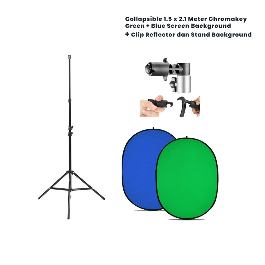 Collapsible Chromakey Green + Blue Screen Background + Clip Background + Light Stand
