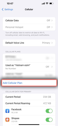 4. Tab add cellular plan or add mobile data plan