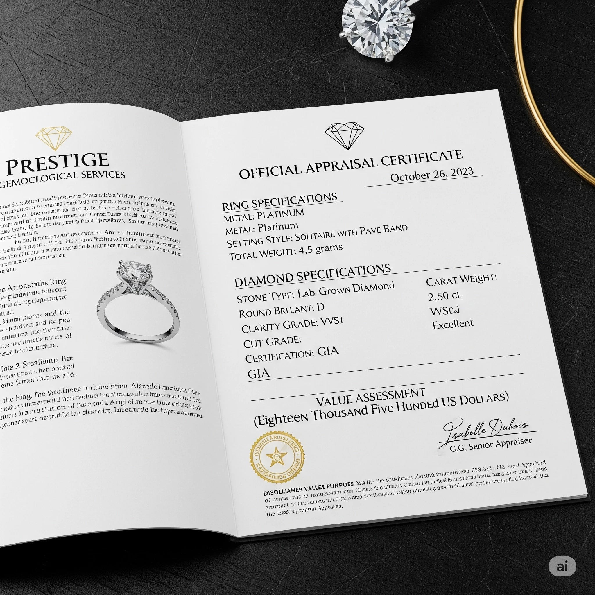 Professional jewelry appraisal document for lab grown diamond engagement ring showing detailed specifications and value assessment