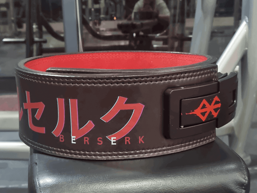 berserk lifting belt on gym bench showing logo and text