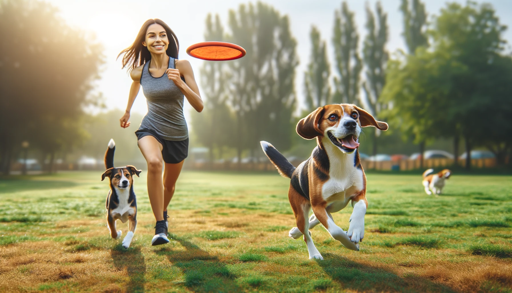 Beagador energetically fetching a frisbee