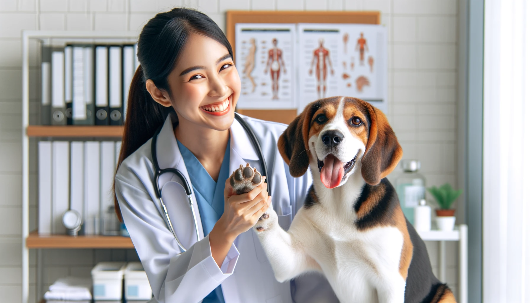 Beagle Lab Mix (Beadador) giving a high-five to a vet during the best check-up ever