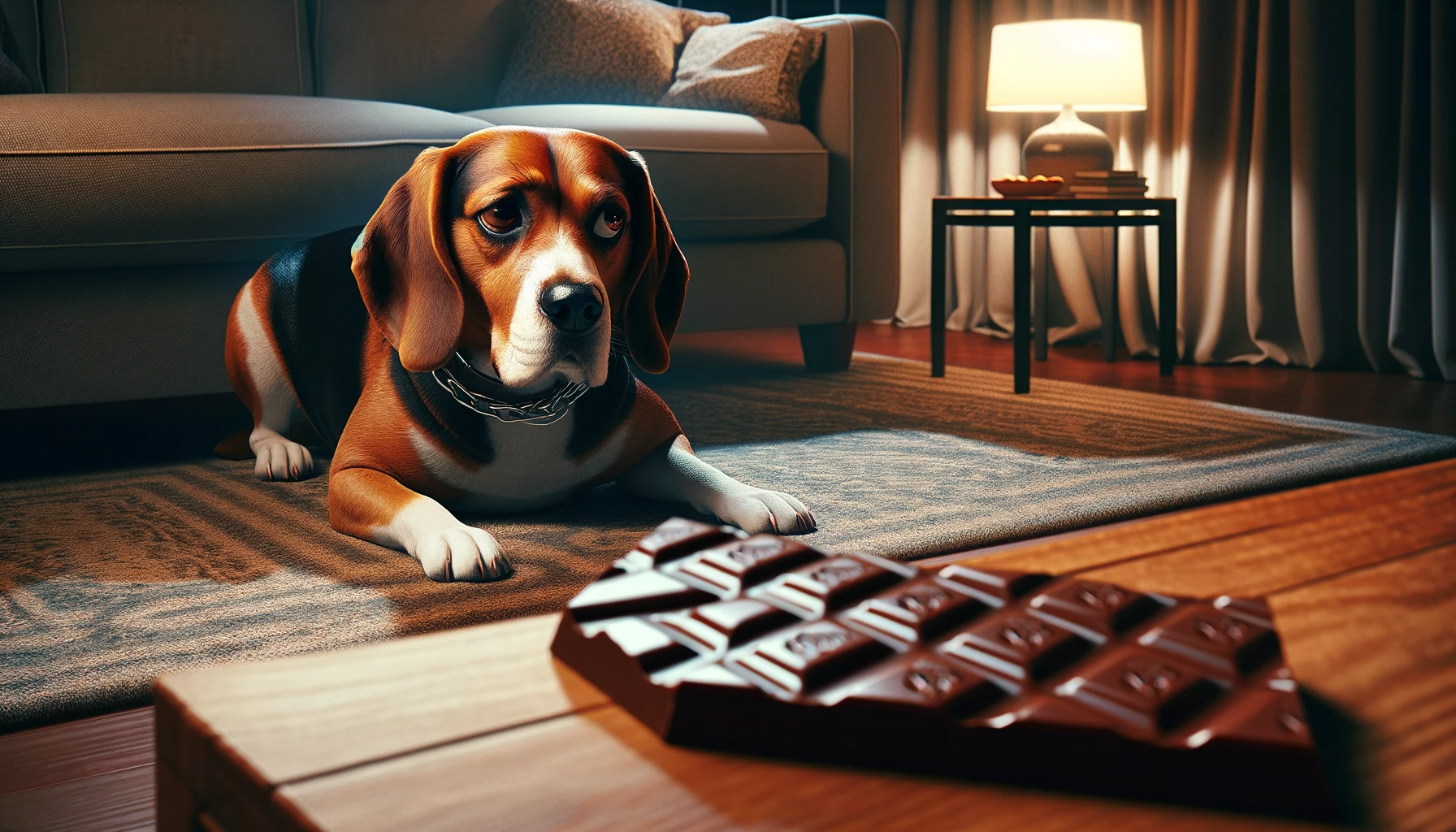 Beagle Lab Mix (Beadador) looking away from a table where a chocolate bar is prominently displayed