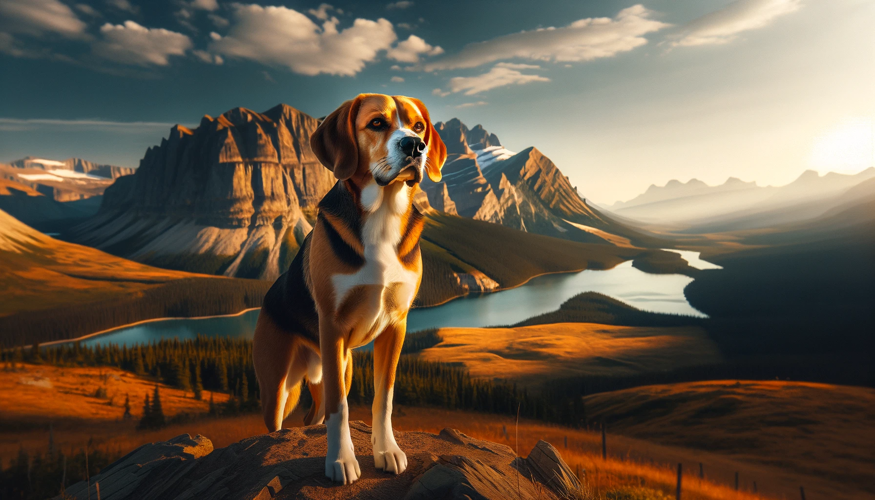 Majestic Beagle Lab Mix (Beadador) posing with a scenic backdrop