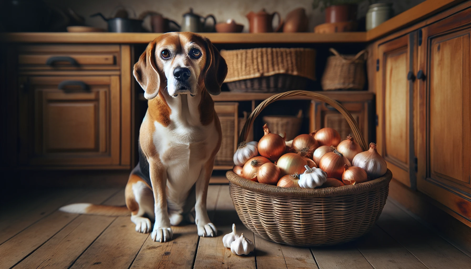Beagle Lab Mix (Beadador) sitting next to a basket of onions and garlic but not touching them