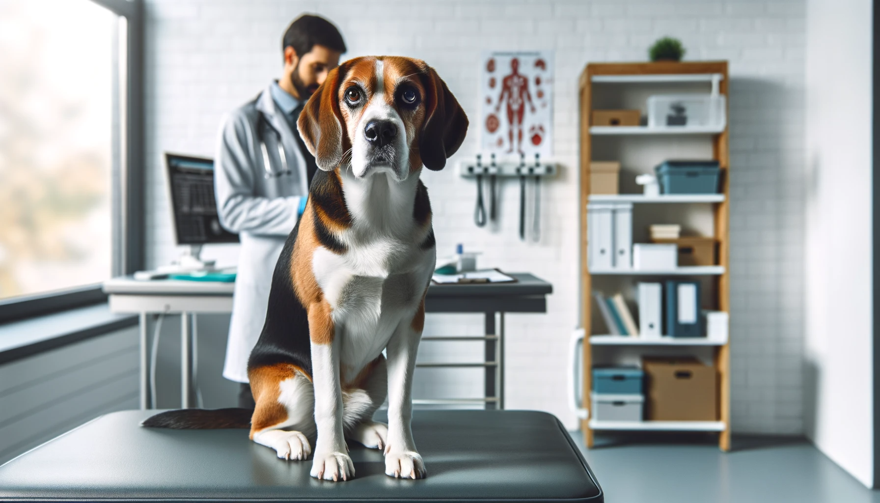 Beagle Lab Mix (Beadador) sitting patiently on a vet examination table