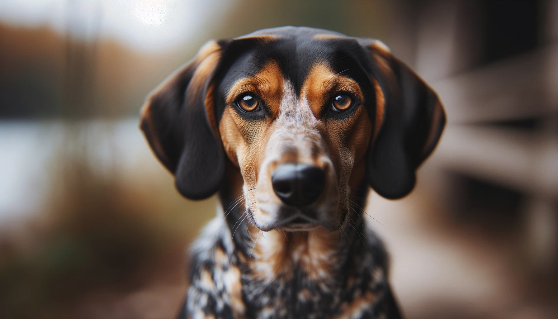 A Coonhound Lab mix looking fabulous, showing off its diverse coat and deep eyes