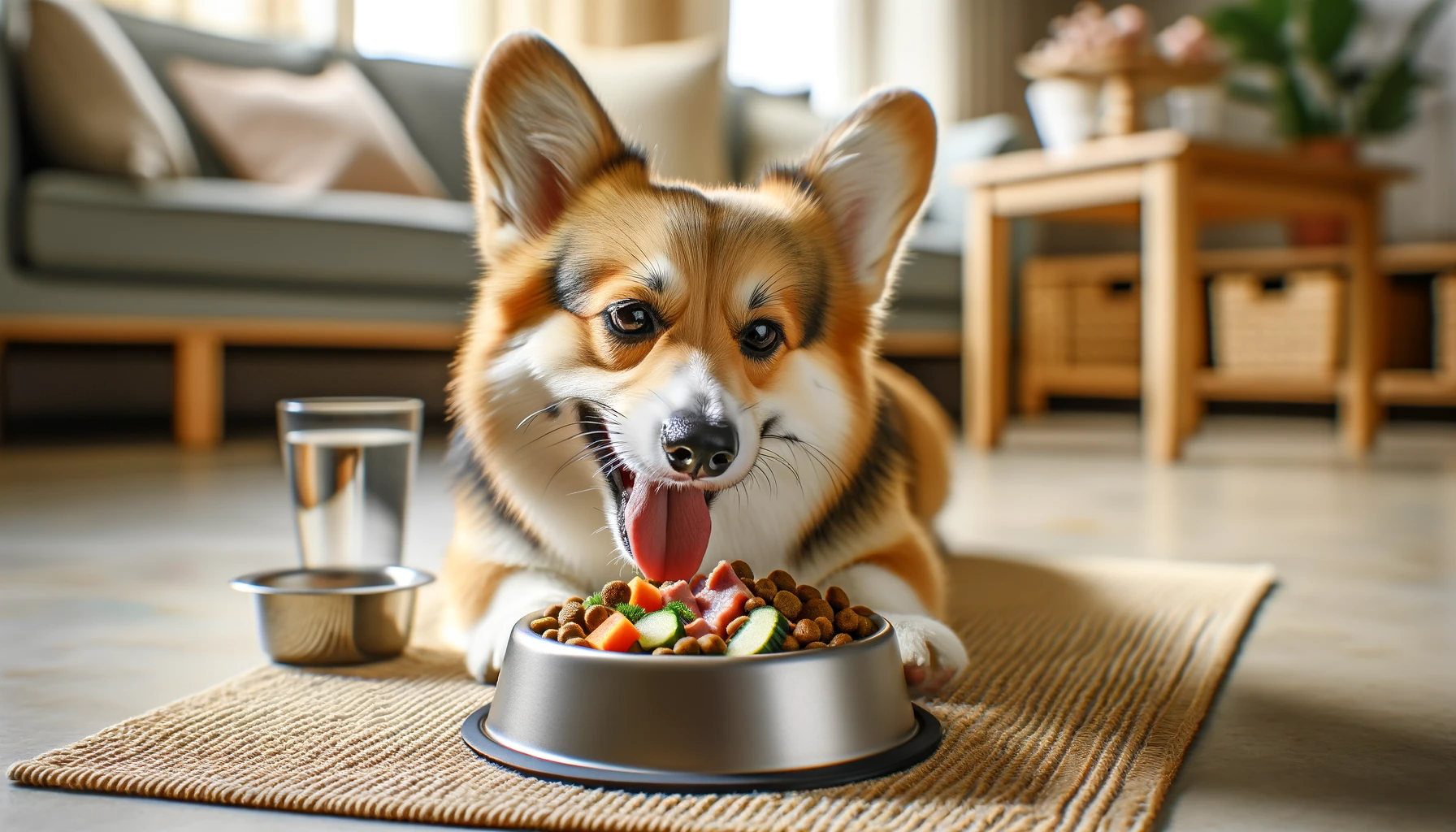 A Corgidor happily munching on a balanced meal