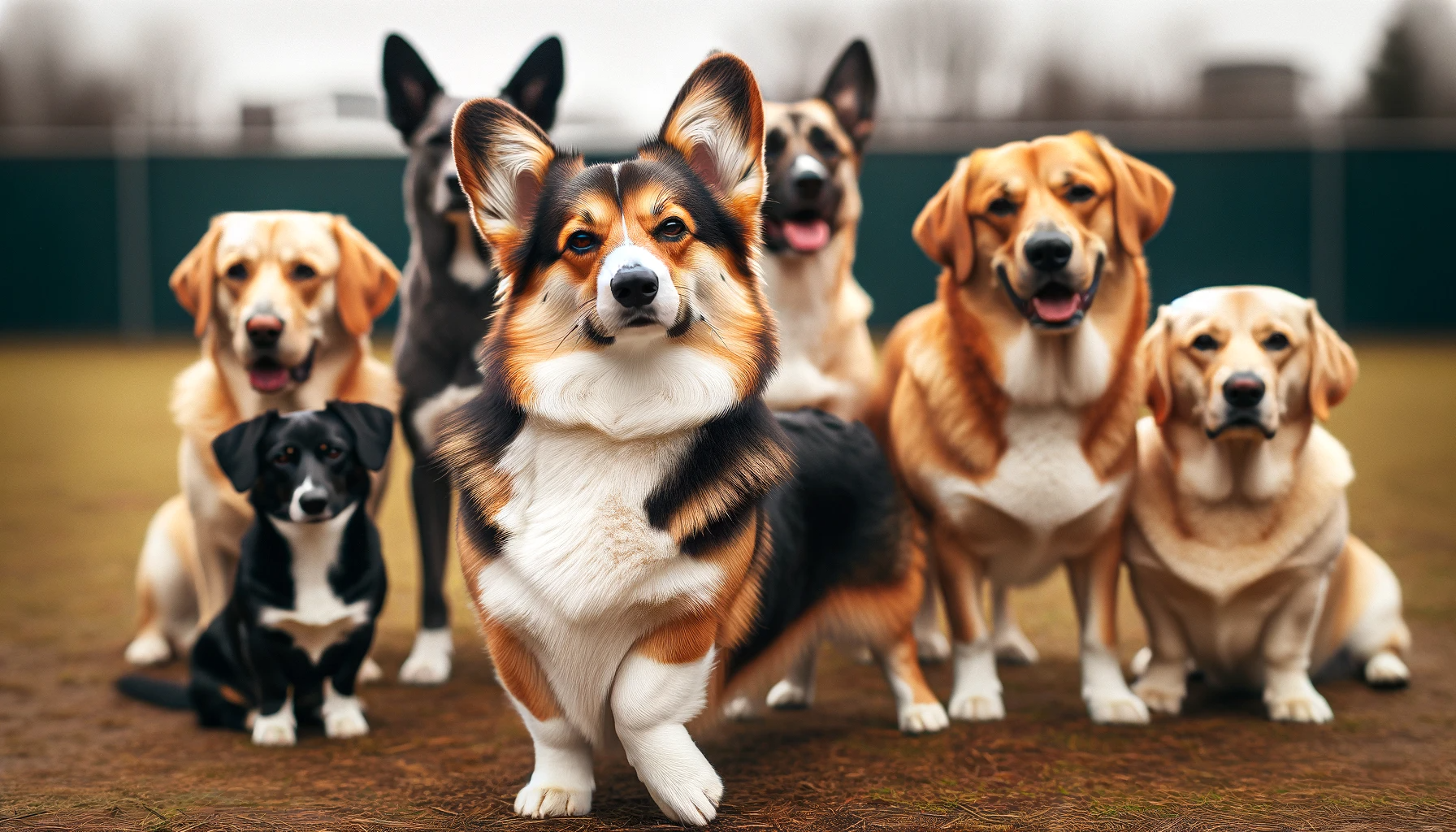 A Corgidor posing like a diva among other Corgi and Lab mixes