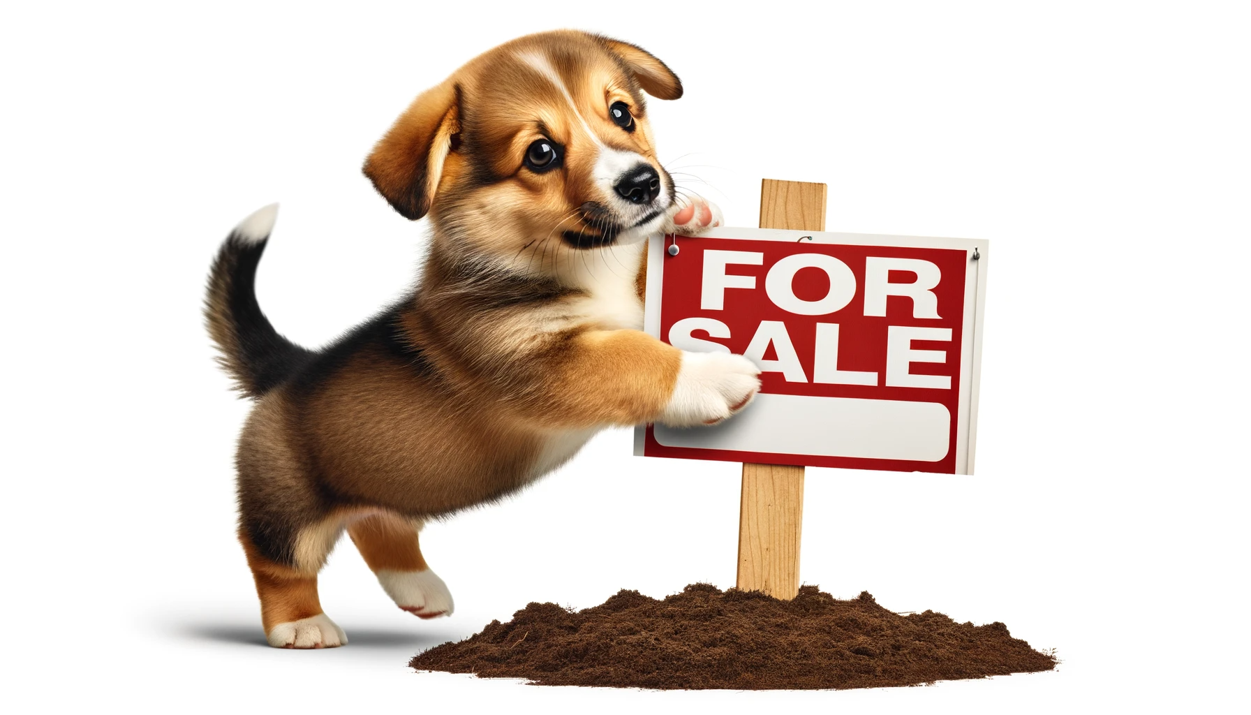 A Corgidor puppy playing with a For Sale sign