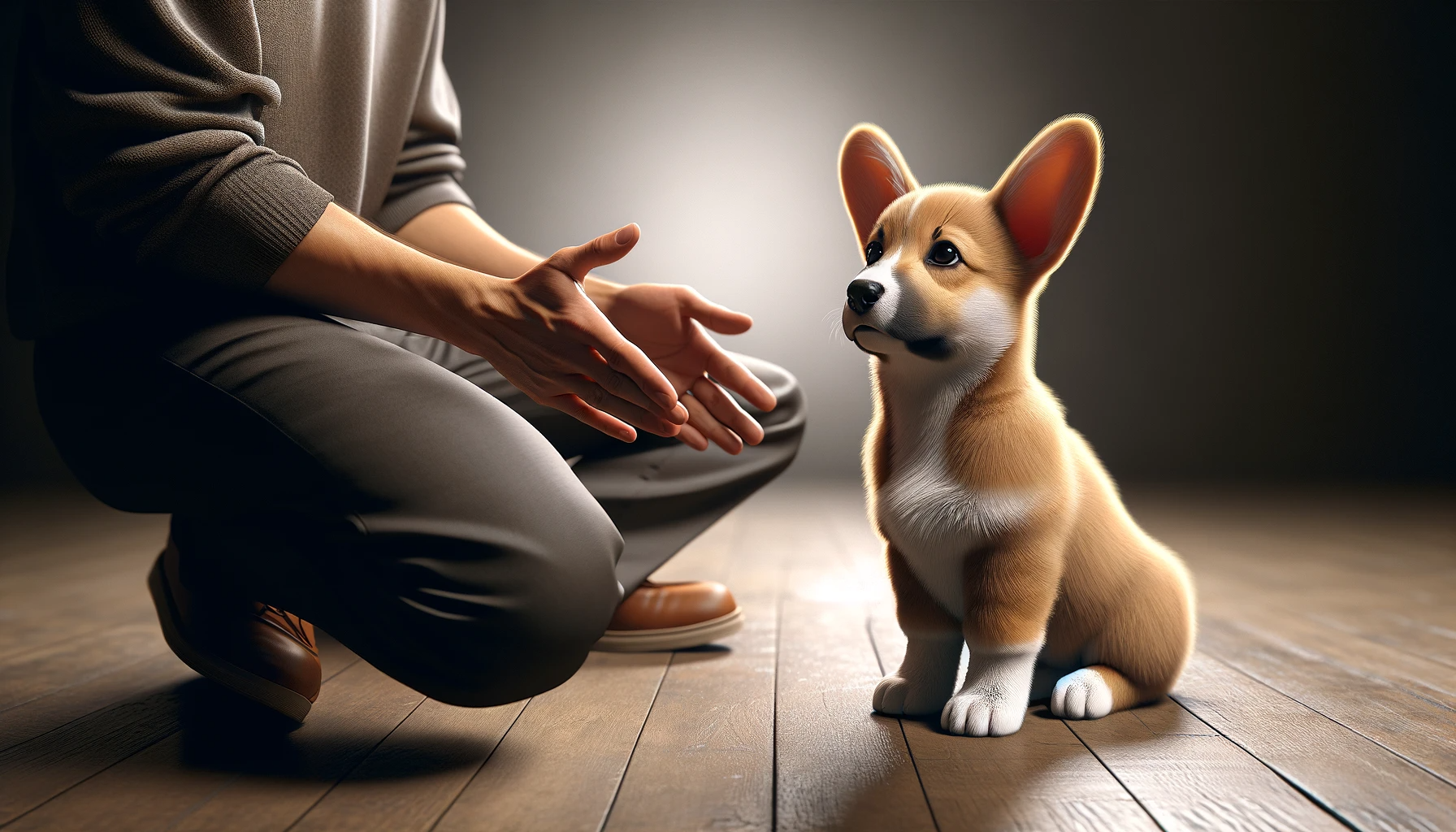 A Corgidor puppy sitting obediently during a training session