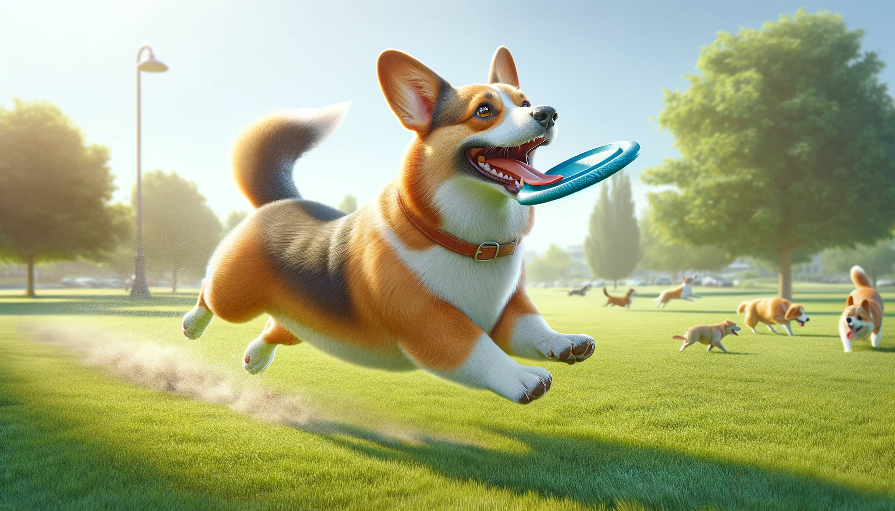 A Corgidor running in a park with a frisbee in its mouth