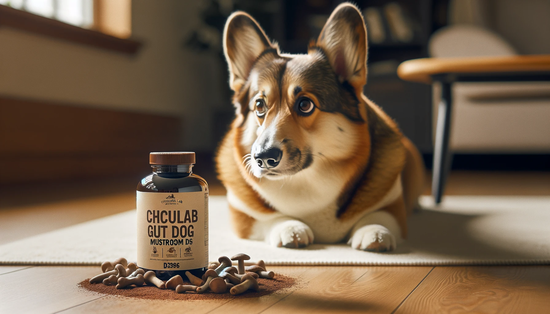 A Corgidor sniffing a bottle of Chocolate Lab Gut Dog Mushrooms D396