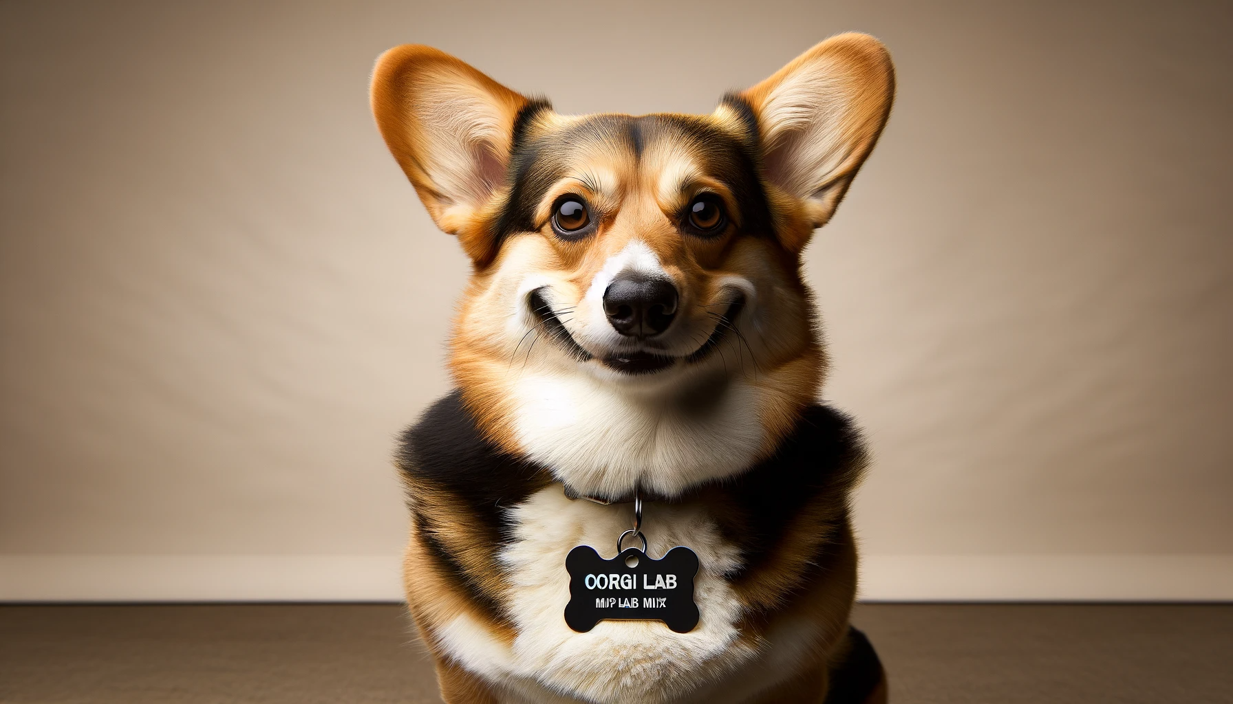 A Corgidor with a cheeky grin, wearing a name tag that proudly says 'Corgi Lab Mix'