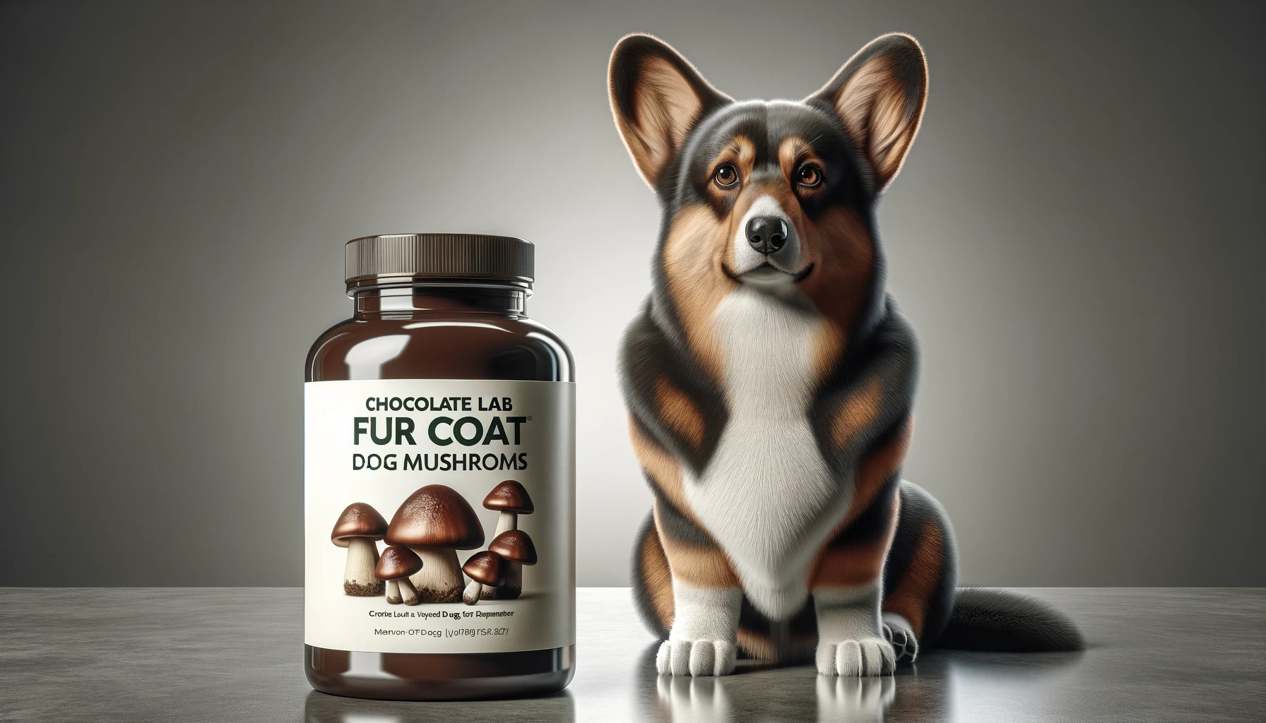 A Corgidor with a shiny coat next to a bottle of Chocolate Lab Fur Coat Dog Mushrooms D164