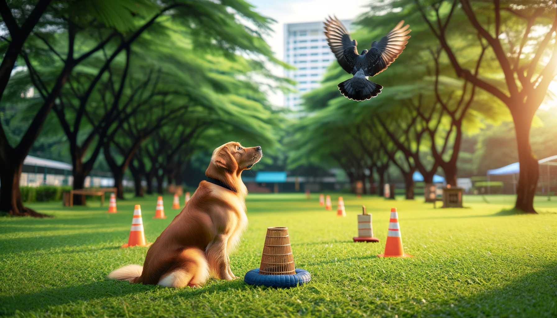 A Goldador briefly distracted by a bird flying overhead, demonstrating the need for focus training