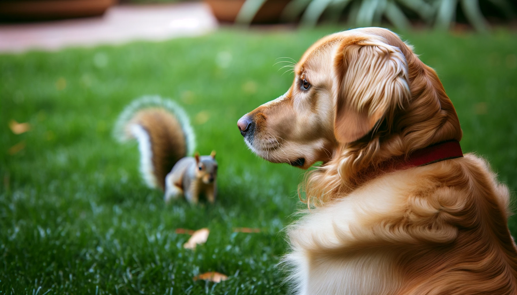 A Goldador gazing intently at a squirrel that's darting across the yard, but staying obediently by its owner's side