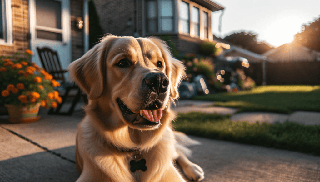 A Goldador, glowing in the afternoon sun, looking like it just won the doggie lottery